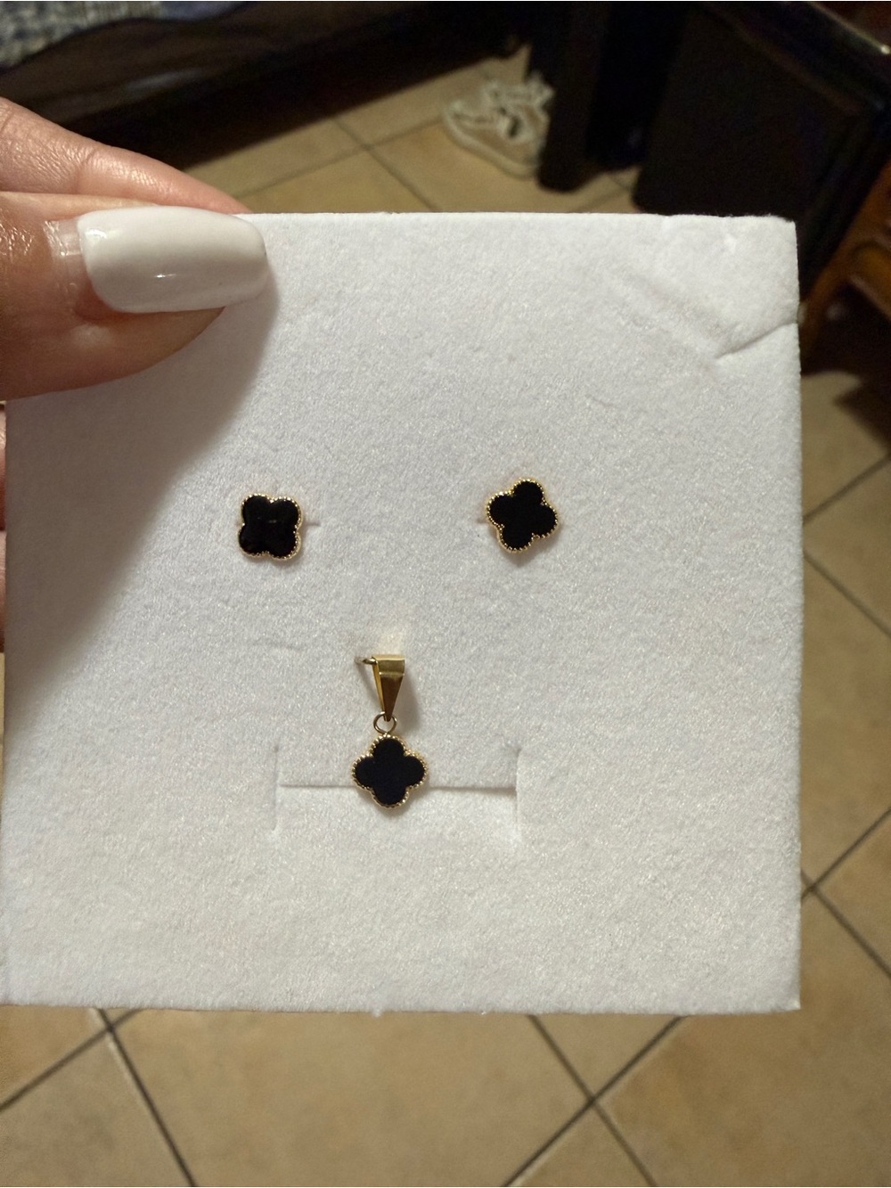 Gold Black Clover Pendant and Stud Earrings Set
